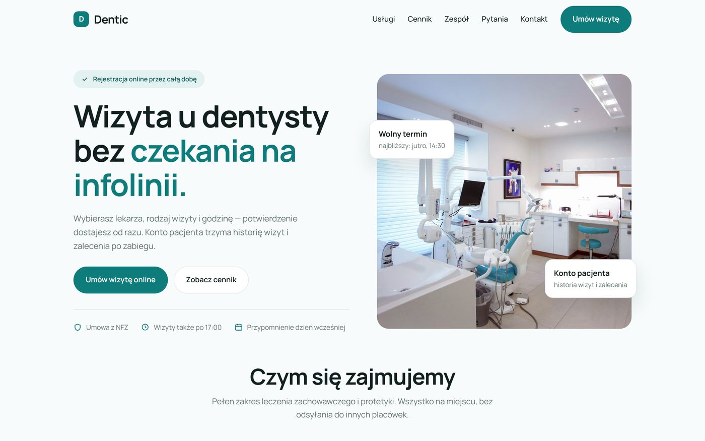 Zrzut strony demonstracyjnej gabinetu Dentic
